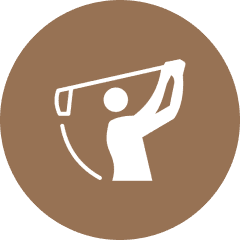 Golfer icon on brown circular background.