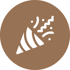 Party popper icon on brown background.