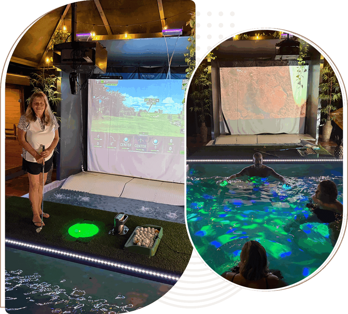 Indoor golf simulator and illuminated pool scene.