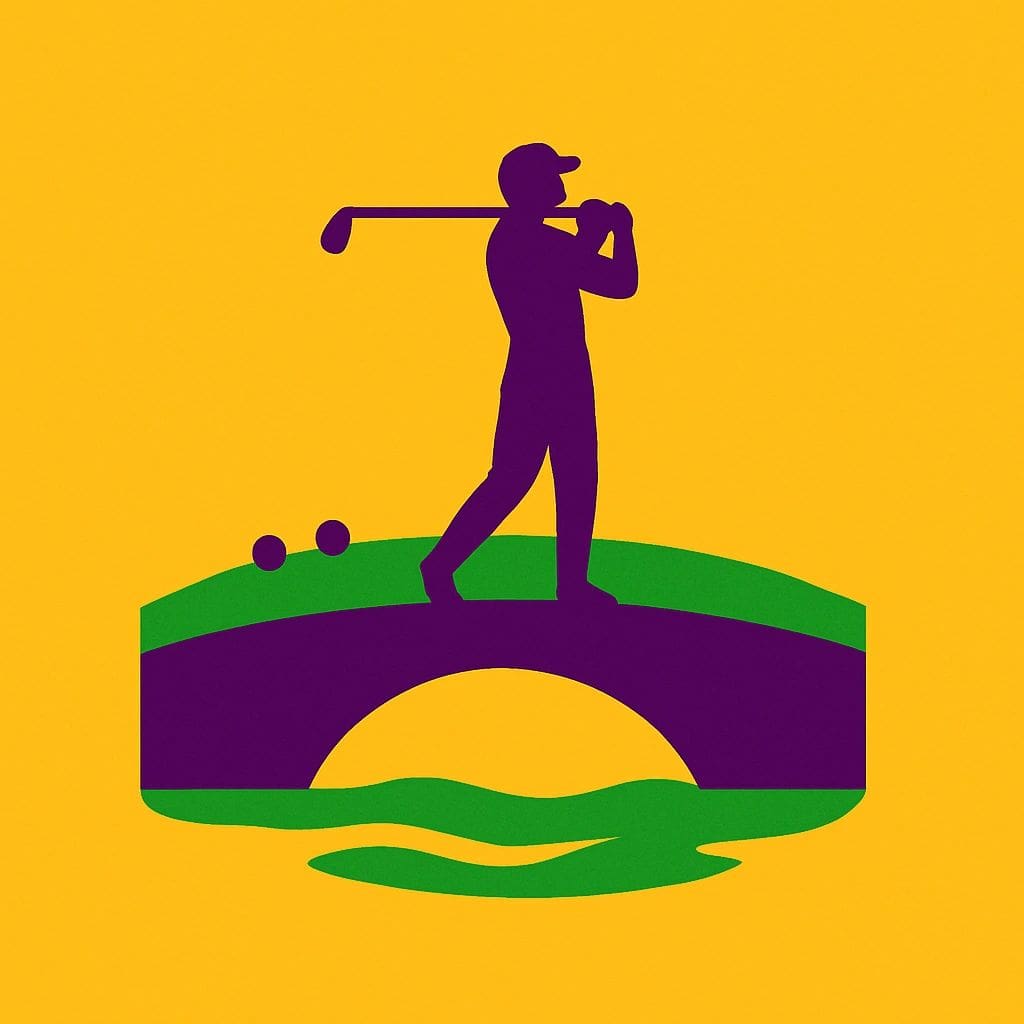 Golfer silhouette on bridge, yellow background.